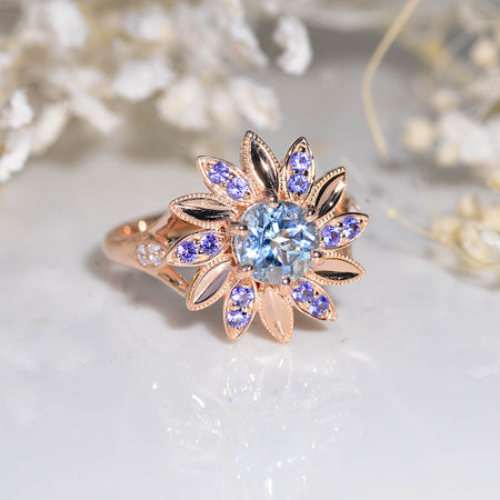 Floral  Genuine Natural Aquamarine Sunflower Cluster Ring