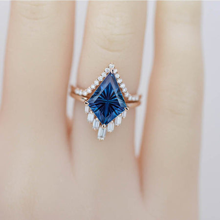14K Gold 5 Carat Kite Fantasy Cut Lab-Grown Alexandrite Halo Engagement Ring Set | Fairy Tale Design | Model 416-14x10