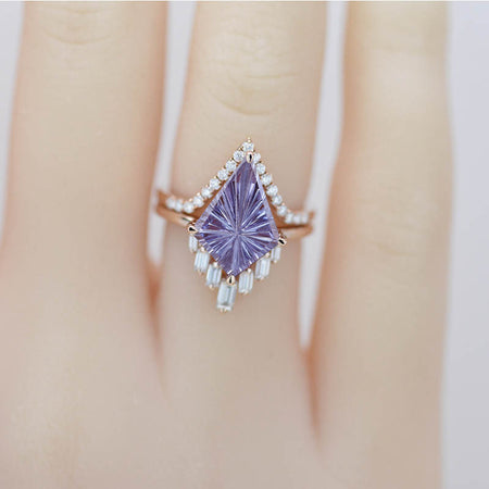 14K Gold 5 Carat Fireworks Cut Kite Alexandrite Halo Engagement Ring, Eternity Ring Set. Fairy Tale Nontraditional Ring model 416-14x10