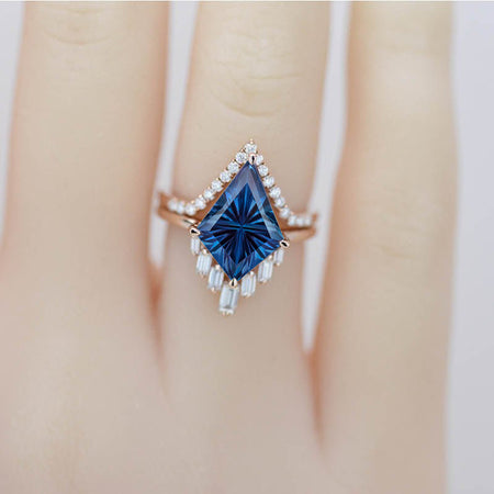 2 Carat Kite Fantasy Cut Alexandrite Halo Engagement Ring, 14K Yellow Gold Eternity Ring Set