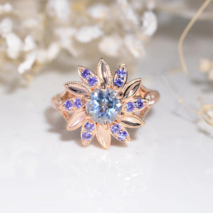 Floral  Genuine Natural Aquamarine Sunflower Cluster Ring 14K Rose Gold Model 1127
