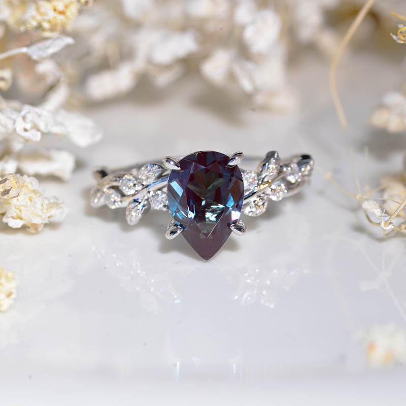 3 Carat Pear Cut Alexandrite Floral Gold Engagement Ring
