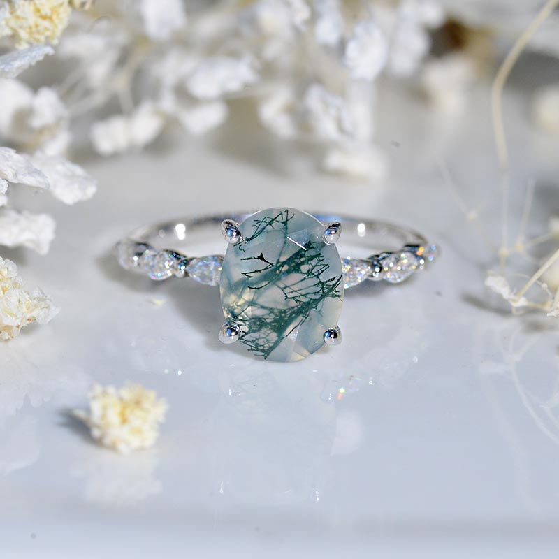 3 Carat Oval Shaped Genuine Moss Agate White Gold Engagement Ring
