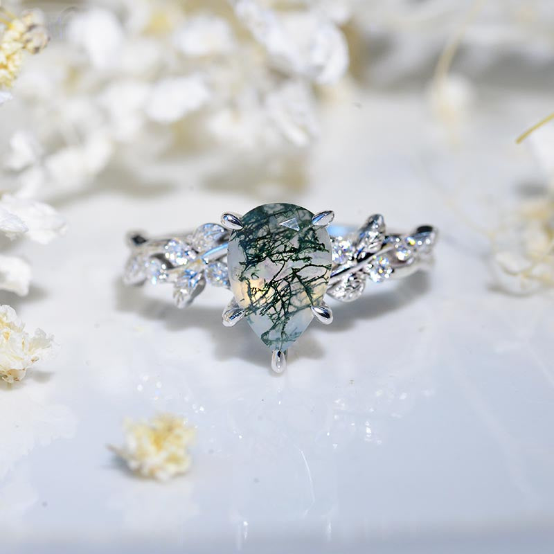 3 Carat Pear Cut Genuine Moss Agate Floral Gold Engagement Ring