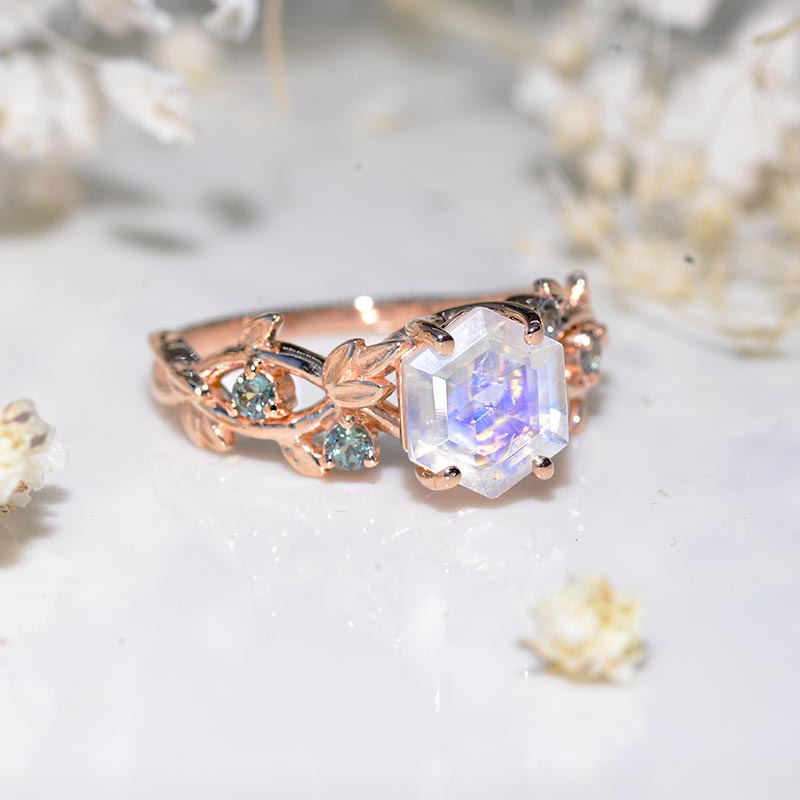 3 Carat Hexagon Genuine Natural Moonstone Floral 14K Rose Gold Engagement Ring Model 920