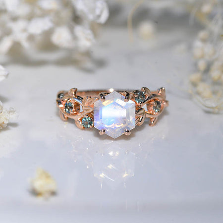 3 Carat Hexagon Genuine Natural Moonstone Floral 14K White Gold Engagement Ring