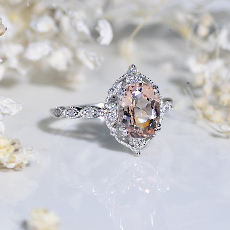 2 Carat Oval Peach Morganite Halo Vintage Engagement Ring  Model 474-9x7