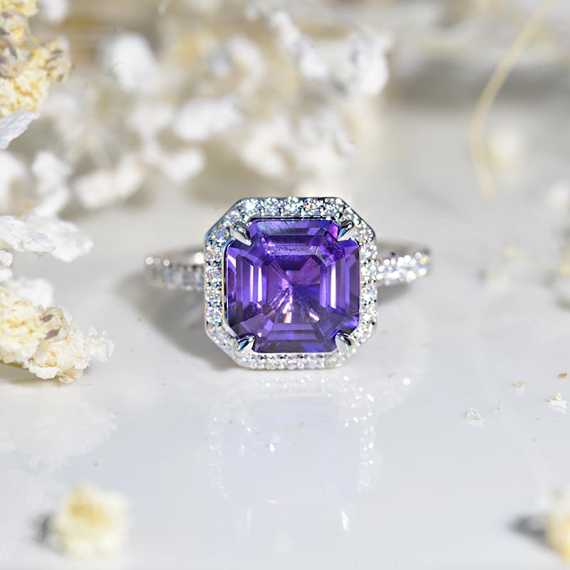 3 Carat Emerald Cut Halo Purple Sapphire  White Gold Engagement Ring Model 864