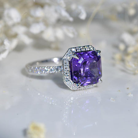 3 Carat Emerald Cut Halo Natural Amethyst White Gold Engagement Ring Set