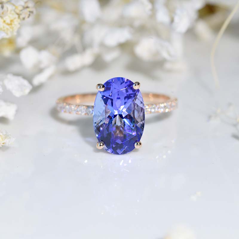 4 Carat Oval Natural Genuine Tanzanite Double Hidden Halo Engagement Ring, Promise Ring For Her, Natural Genuine Tanzanite Wedding Ring, 14K Gold Oval Natural Genuine Tanzanite Engagement Ring