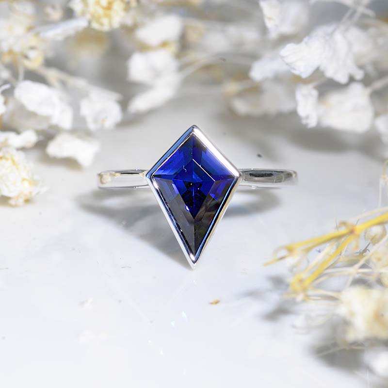 3 Carat Kite Royal Blue Sapphire Bezel Solitaire Engagement Ring