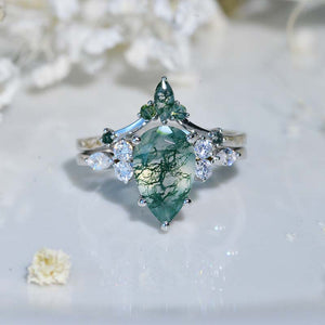 3 Carat Pear Genuine Moss Agate Halo 14K White Gold Engagement Eternity Ring Set