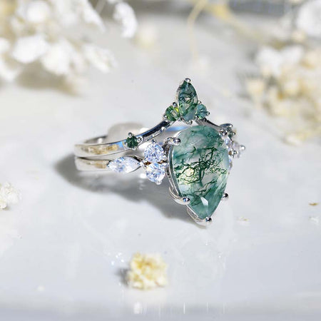 3 Carat Pear Genuine Moss Agate Halo 14K White Gold Engagement Eternity Ring Set