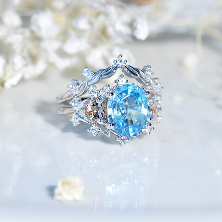 2 Carat Oval Blue Zirconia Halo 14K White Gold Floral  Engagement Ring Set Model 766
