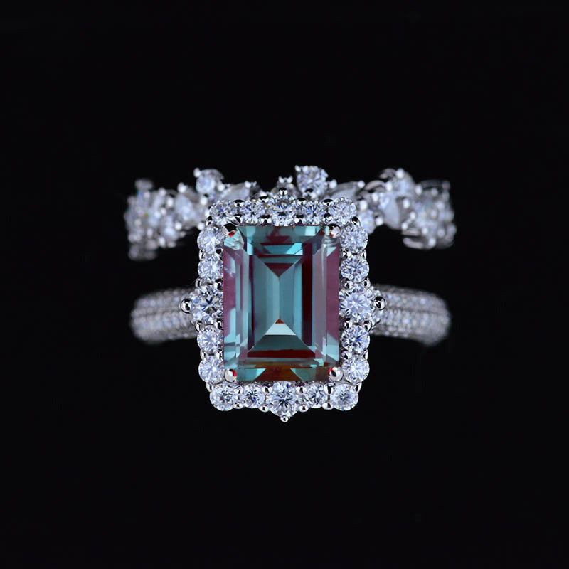 3Ct Alexandrite Engagement Ring Halo Emerald Cut Alexandrite Engagement Ring, 9x7mm Step Cut Alexandrite  Engagement Ring with Eternity Band