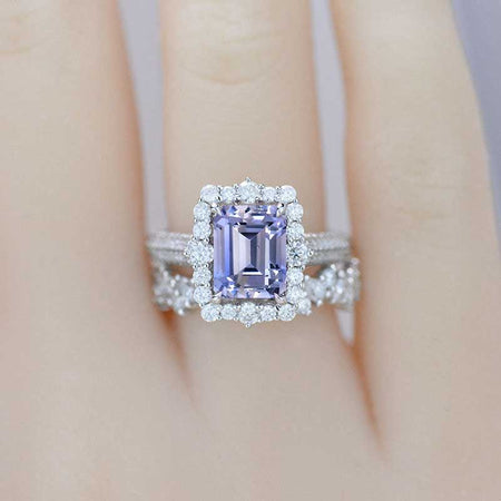 3 Carat Purple Sapphire Engagement Ring Halo Emerald Cut Purple Sapphire Engagement Ring, 9x7mm Step Cut Purple Sapphire Engagement Ring with Eternity Band