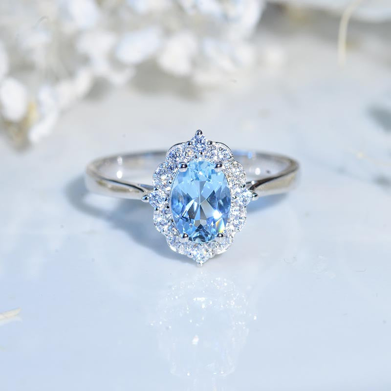 14K White Gold 1.5 Carat Oval Cut Genuine Natural Aquamarine Halo Floral Engagement Ring