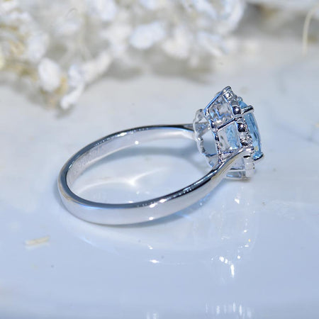 14K White Gold 1.5 Carat Oval Cut Genuine Natural Aquamarine Halo Floral Engagement Ring