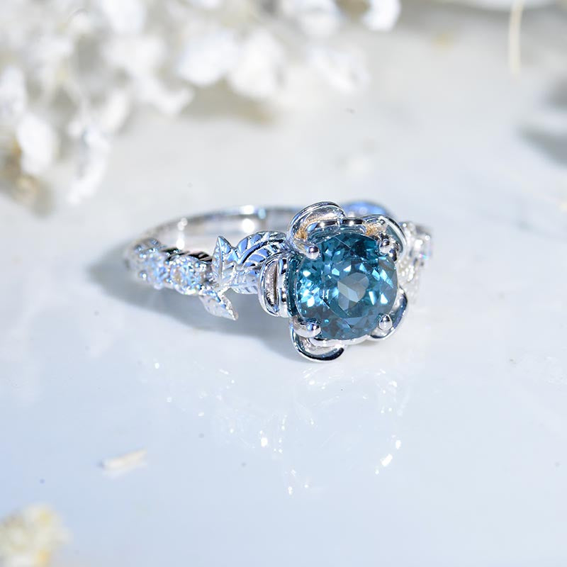 1.5 Carat Round Teal Sapphire  Floral Halo Engagement Ring