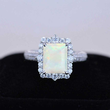 4Ct Genuine White Opal Engagement Ring Halo Radiant Cut Genuine White Opal Engagement Ring
