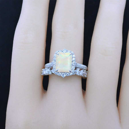 3Ct Genuine White Opal Engagement Ring Halo Radiant Cut Genuine White Opal Engagement Ring