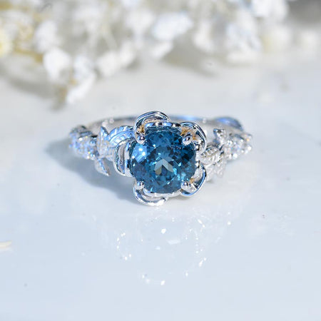 1.5 Carat Round Teal Sapphire  Floral Halo Engagement Ring