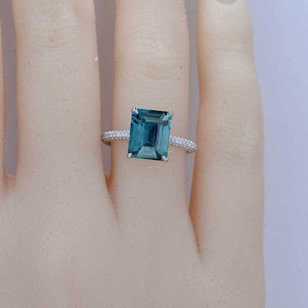 5ct Emerald Shaped Step Cut Teal Sapphire Ring, 5 Carat Teal Sapphire Engagement Ring, Moissanite Pave Accent Stones Hidden Halo Ring