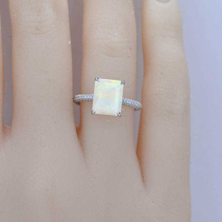 5ct Emerald Shaped Step Cut Genuine White Opal Ring, 5 Carat Genuine White Opal Engagement Ring, Genuine White Opal Pave Accent Stones Hidden Halo Ring