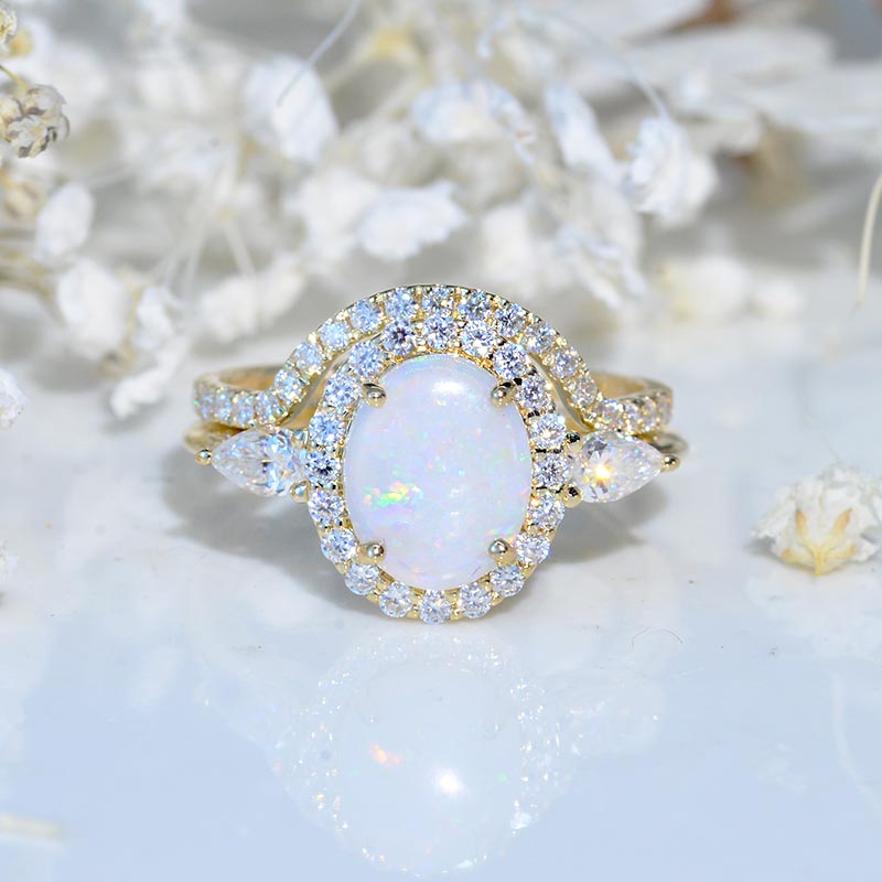 14K  Gold 3 Carat Oval White Opal Halo Engagement Ring Eternity Ring Set