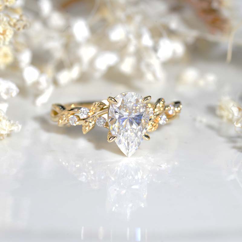 3 Carat Pear Cut Moissanite Floral Gold Engagement Ring