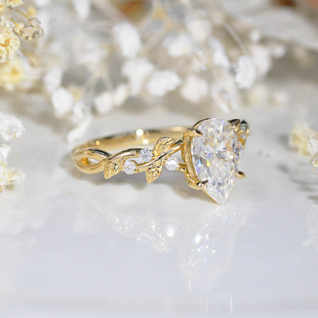 3 Carat Pear Cut Moissanite Floral Gold Engagement Ring