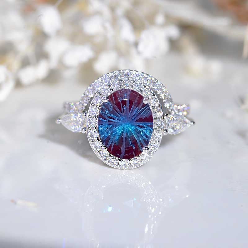 14K Gold 4 Carat Oval Fireworks Cut Alexandrite Halo Engagement Ring Eternity Ring Set Model 1276-10x8