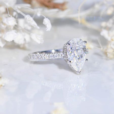 3Ct Pear Moissanite Hidden Halo Engagement Gold Ring, 11x7mm Pear Cut Moissanite Engagement Ring, Micro pave Accents Stones