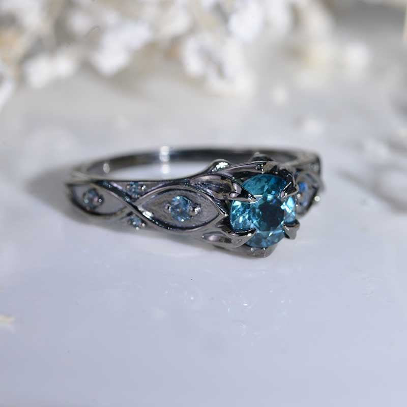 14K Black Gold Teal Sapphire Celtic Engagement Ring Mode 33