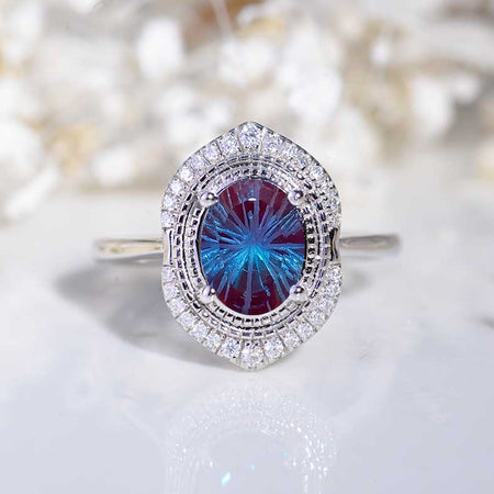 3Ct Oval cut Fireworks Cut Alexandrite ring, Fireworks Cut Alexandrite solitaire ring, Alexandrite ring, Fireworks Cut Alexandrite Oval Shape vintage halo ring Model 586-9x7