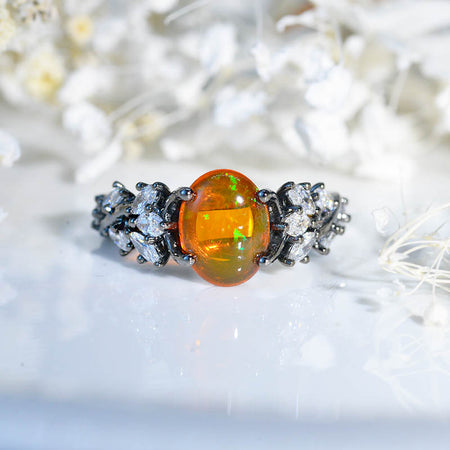 Celtic  Oval Genuine Natural Fire Opal Cabochon Cut 14K Black Rhodium Gold Engagement Ring Model 817