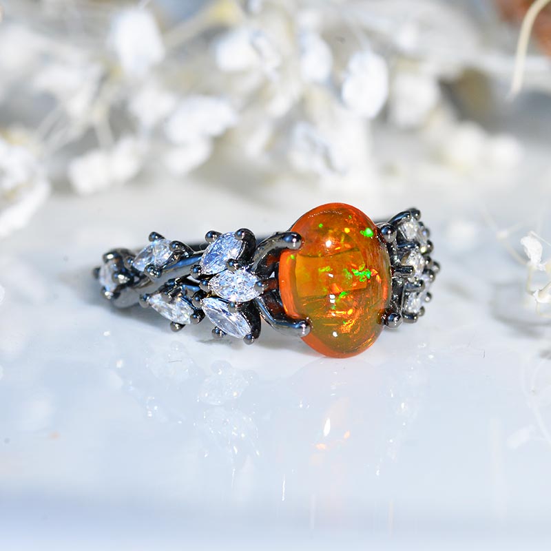 Celtic  Oval Genuine Natural Fire Opal Cabochon Cut 14K Black Rhodium Gold Engagement Ring Model 817