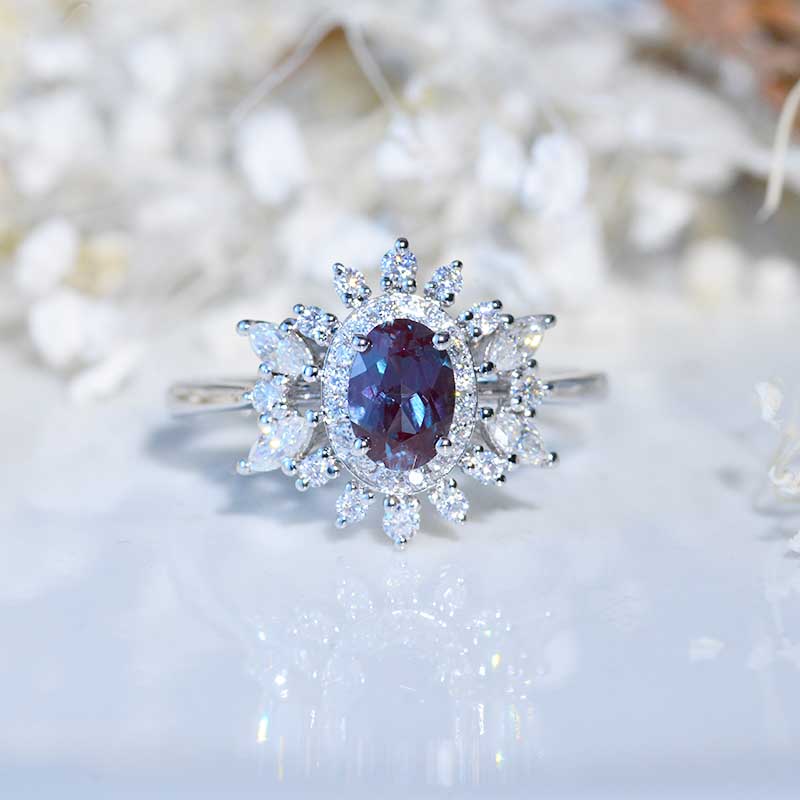 14K White Gold 1 Carat Oval Alexandrite Snowflake Halo Engagement Ring