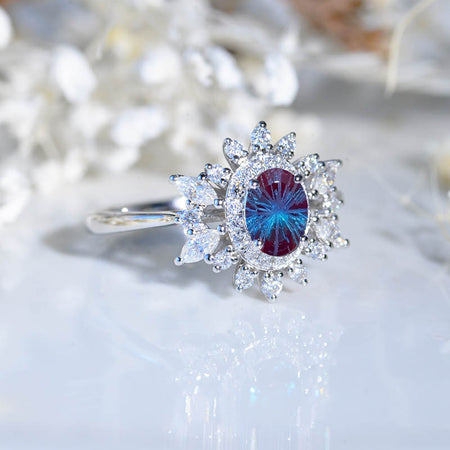 14K White Gold 1 Carat Oval Fireworks Cut Alexandrite Snowflake Halo Engagement Ring  Model 332-7x5