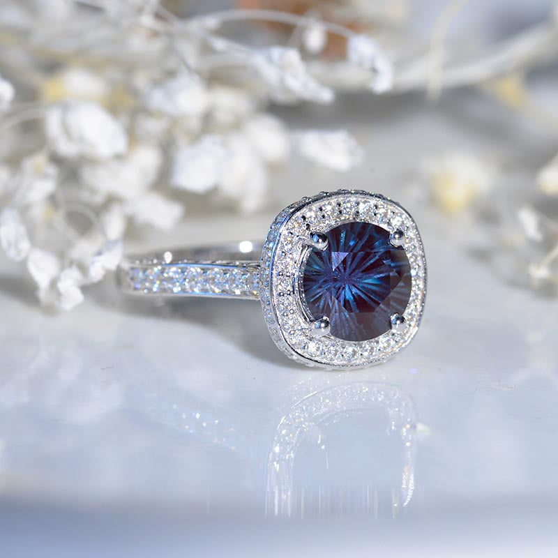 2 Carat Round Fireworks Cut Alexandrite Halo Engagement Ring, Four Prongs Fireworks Cut Alexandrite Ring, Victorian Vintage 14K White Gold Ring   Model 1319