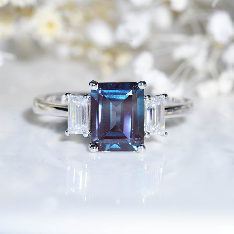 3 Carat  Emerald Cut Alexandrite Three-Stone  Engagement Ring  Model 702-9x7mm