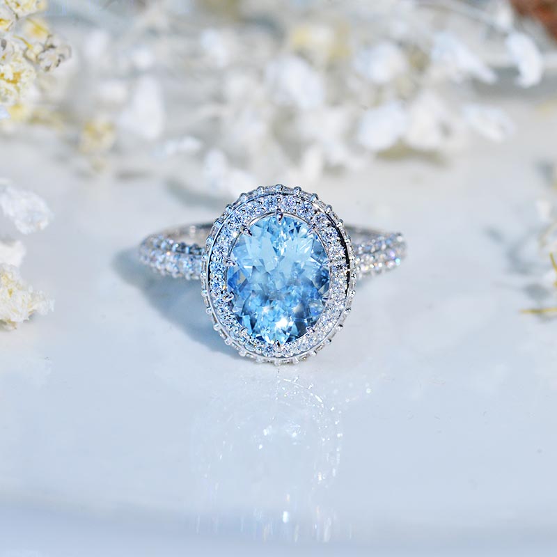 3 Carat Oval Cut Genuine Aquamarine Double Halo White Gold Engagement Ring Model 740