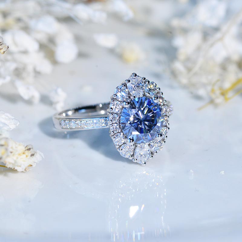 14K White Gold 2 Carat Round Gray Giliarto Moissanite Halo Engagement Ring