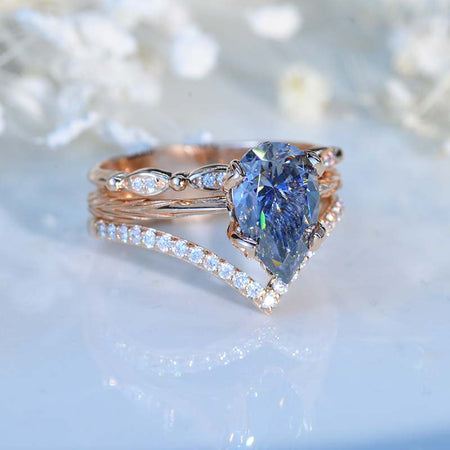 3 Carat Pear Shaped Dark Gray Blue Moissanite Engagement Eternity Rose Gold Ring Set V Band