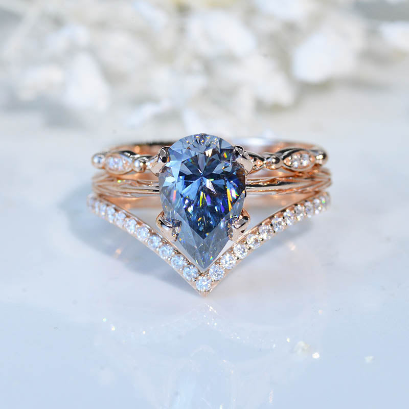 3 Carat Pear Shaped Dark Gray Blue Moissanite Engagement Eternity Rose Gold Ring Set V Band