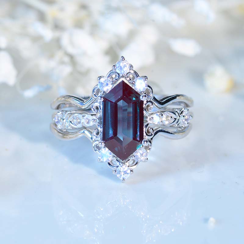 3 Carat Hexagon Alexandrite Cluster Halo 14K White Gold Engagement Ring Set  Model 931