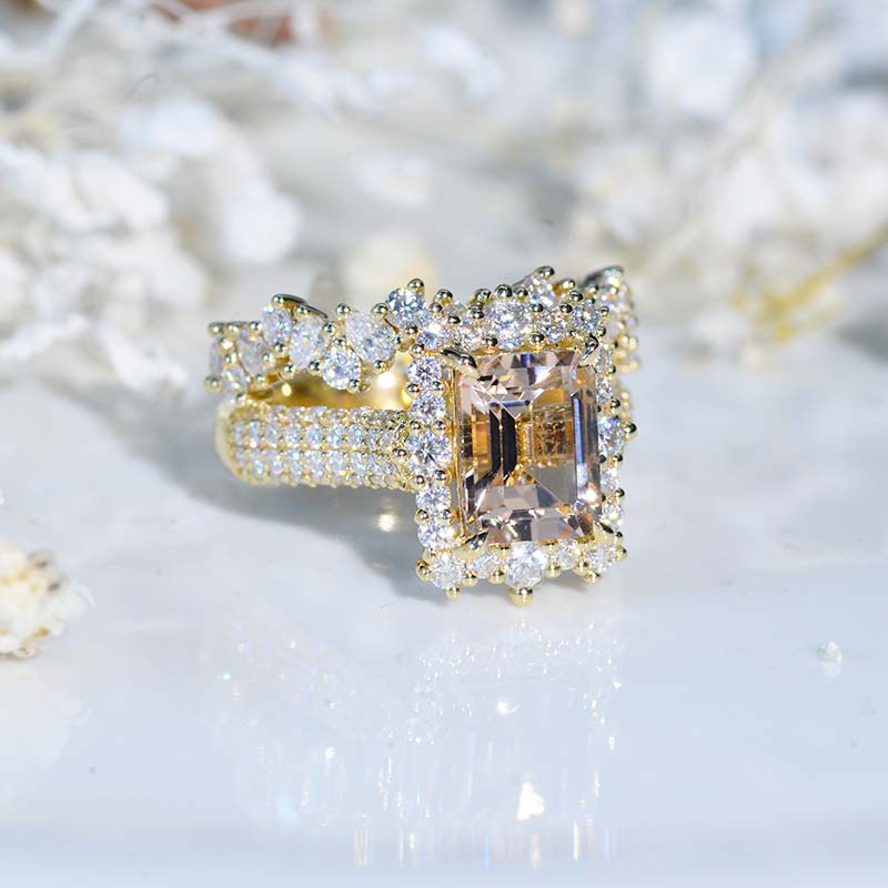 3Ct Natural Morganite Engagement Ring. Halo Emerald Cut Genuine Morganite Engagement Ring, 8x6mm Step Cut Morganite Yellow Gold Engagement Ring with Eternity Band Model 572-9x7 &  572E