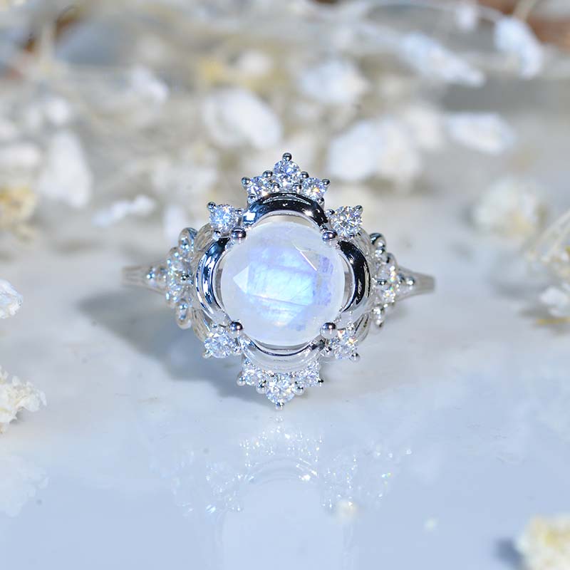 2 Carat Round Flowers Halo Vintage Style Genuine Natural Moonstone Engagement Ring Model 1135