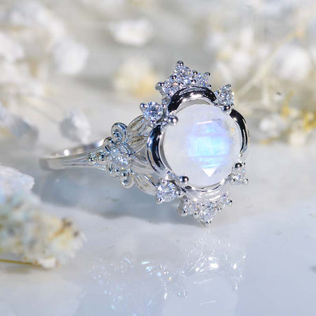 2 Carat Round Flowers Halo Vintage Style Genuine Natural Moonstone Engagement Ring Model 1135