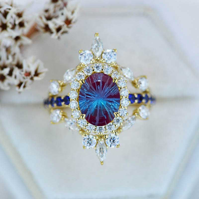 2 Carat Oval Fireworks Cut Alexandrite Diamond Sapphire Halo Engagement Gold Ring